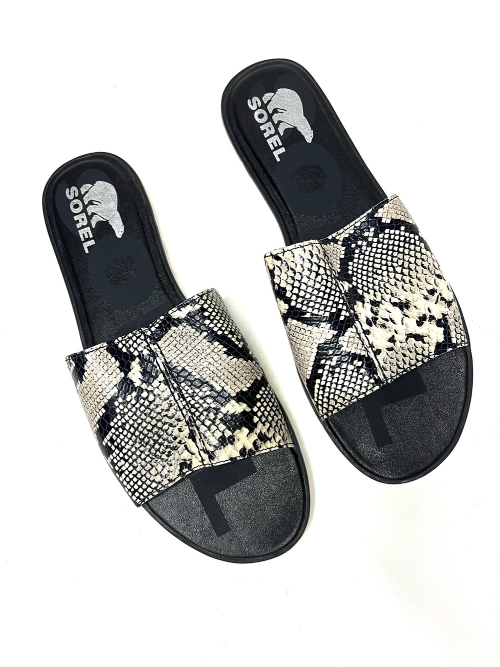 Sorel Ella II Block Slide in Black/Ivory Snake Print Leather - Size 10